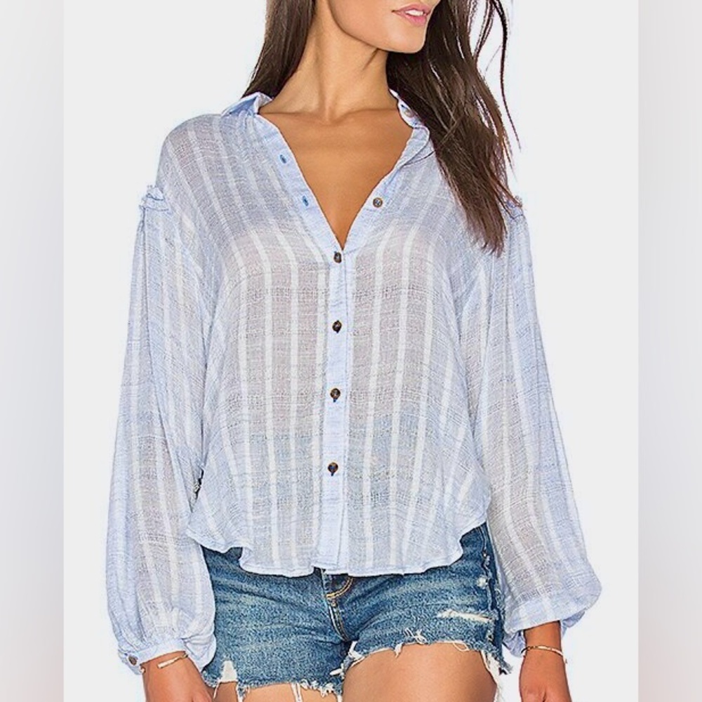 Free People Headed To The Highlands Light Blue Button Down Shirt Relaxed Top S